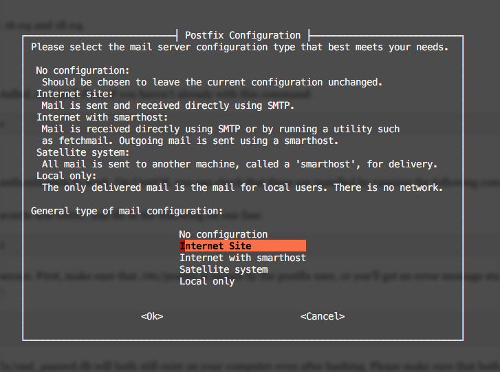 Postfix configuration screen